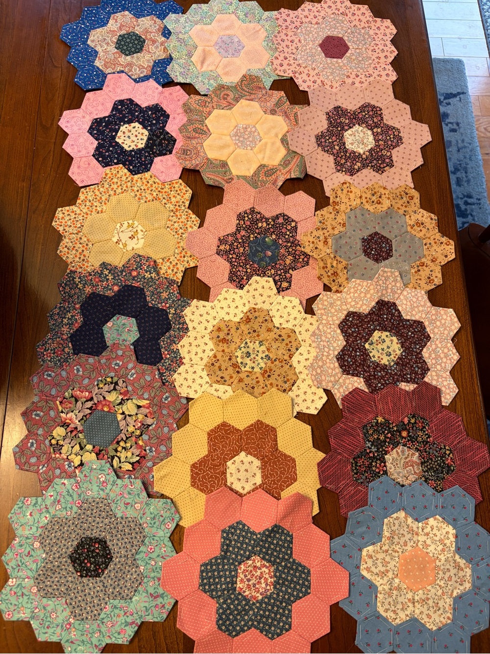 Quilt blocks multi colored calico Grandmothers flowers 18 shapes 8.34” hand sewn